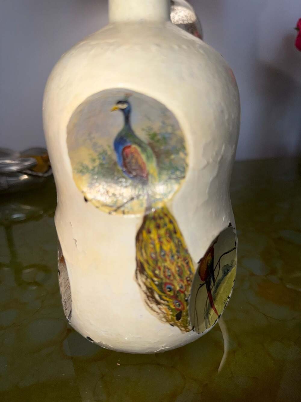 Vintage Decoupage Dimple Whiskey Bottle Scotland Art Dogs Birds